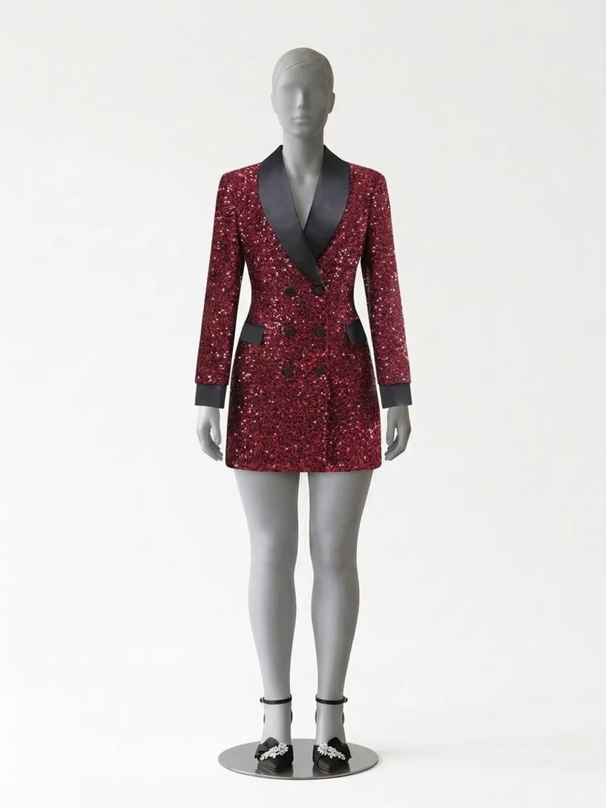 AI try-on render of the Zapaka burgundy sequin blazer dress with black lapels and black bow heels on our size 12 mannequin
