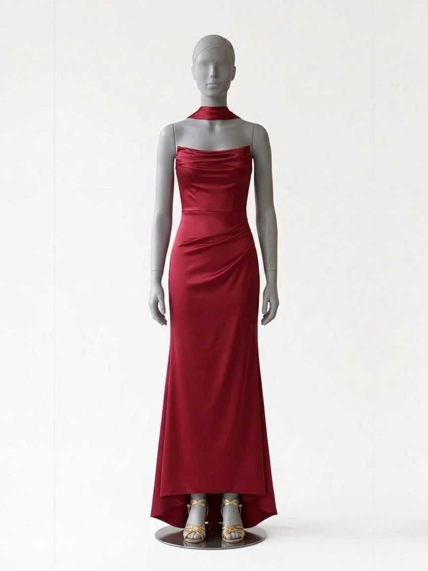 AI try-on render of the Zapaka burgundy satin mermaid bridesmaid dress with gold sandals on our size 8 mannequin