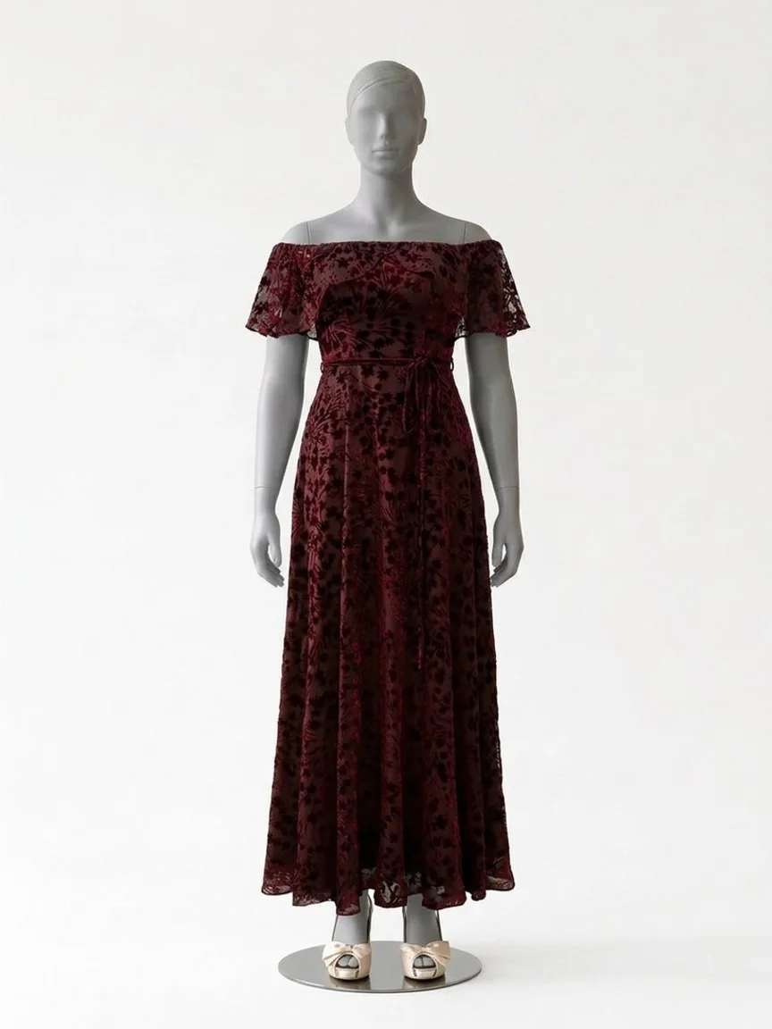 AI try-on render of the Zapaka dark burgundy off-the-shoulder flocked floral gown with champagne bow heels on our size 12 mannequin
