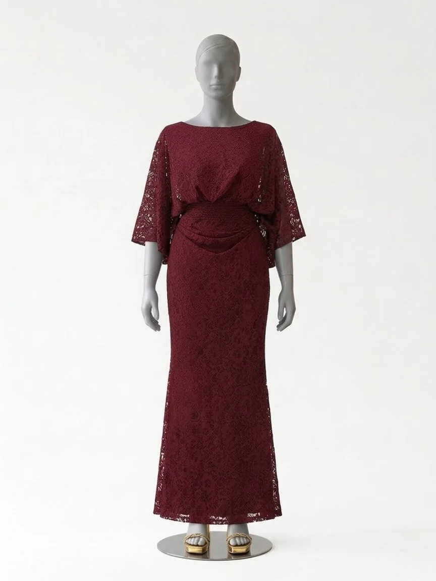 AI try-on render of the same Zapaka burgundy lace sheath dress and gold sandals on our size 12 mannequin