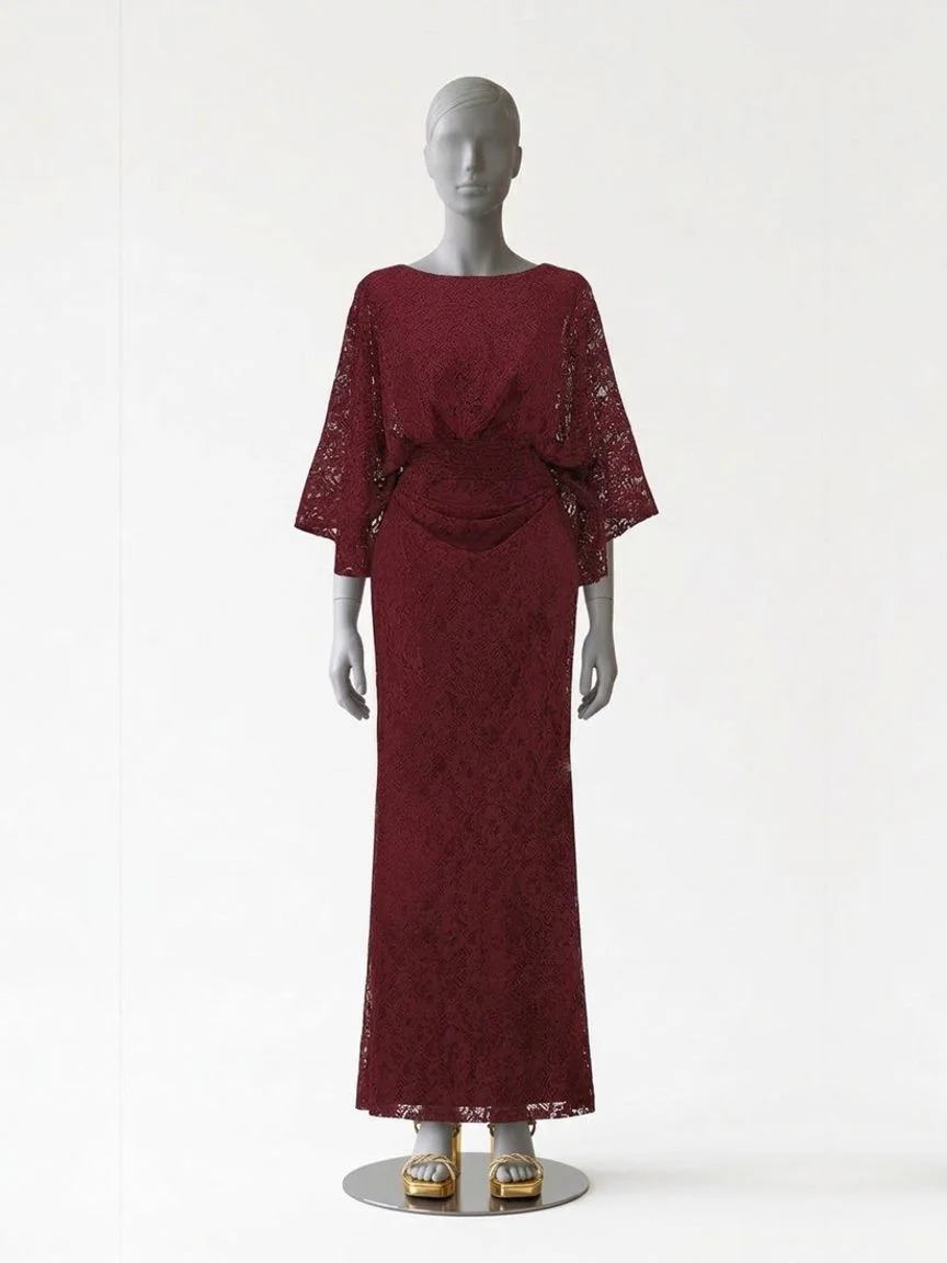 AI try-on render of the Zapaka burgundy lace sheath dress with flutter sleeves and gold block-heel sandals on our size 8 mannequin