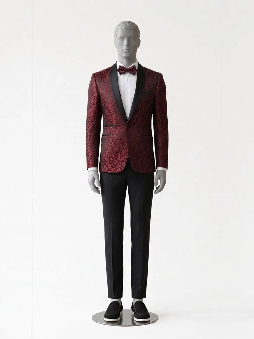 AI try-on render of the Zapaka burgundy jacquard dinner jacket with black trousers and a bow tie on our men's mannequin