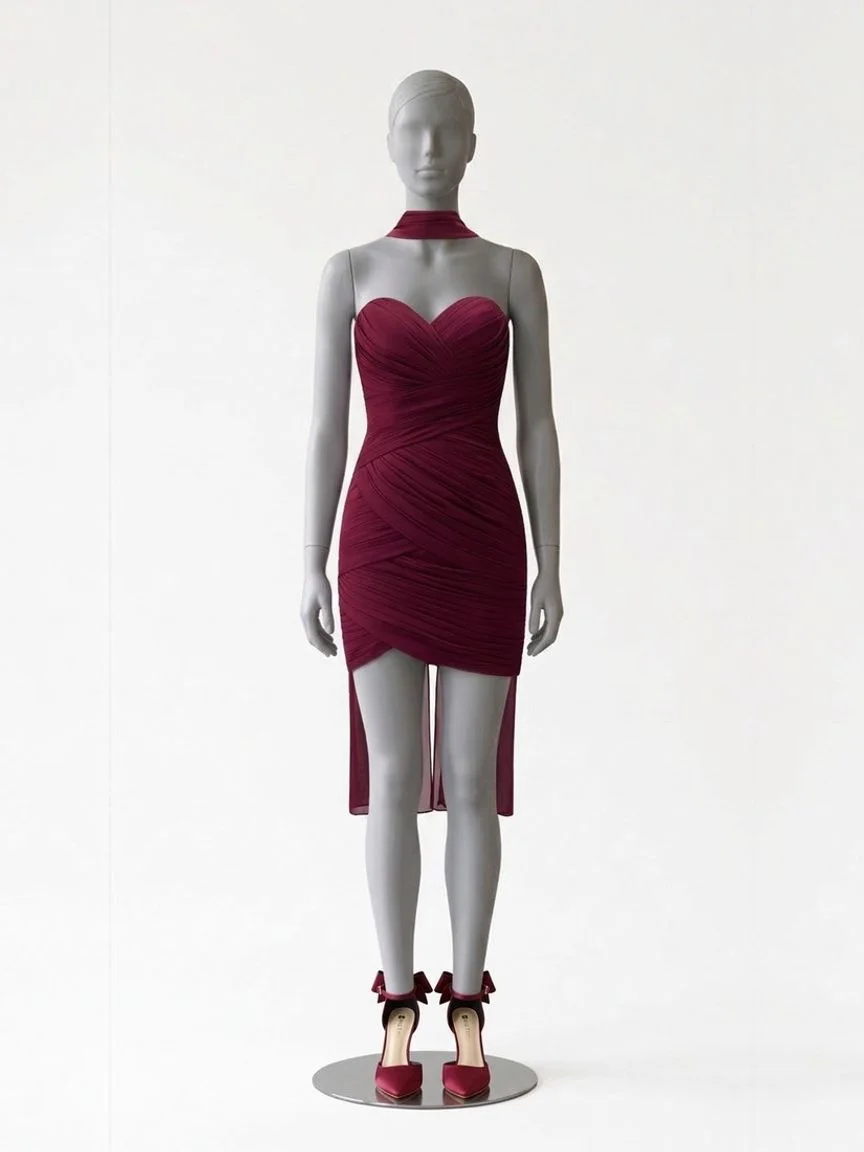 AI try-on render of the Zapaka wine ruched chiffon cocktail dress with burgundy bow heels on our size 8 mannequin