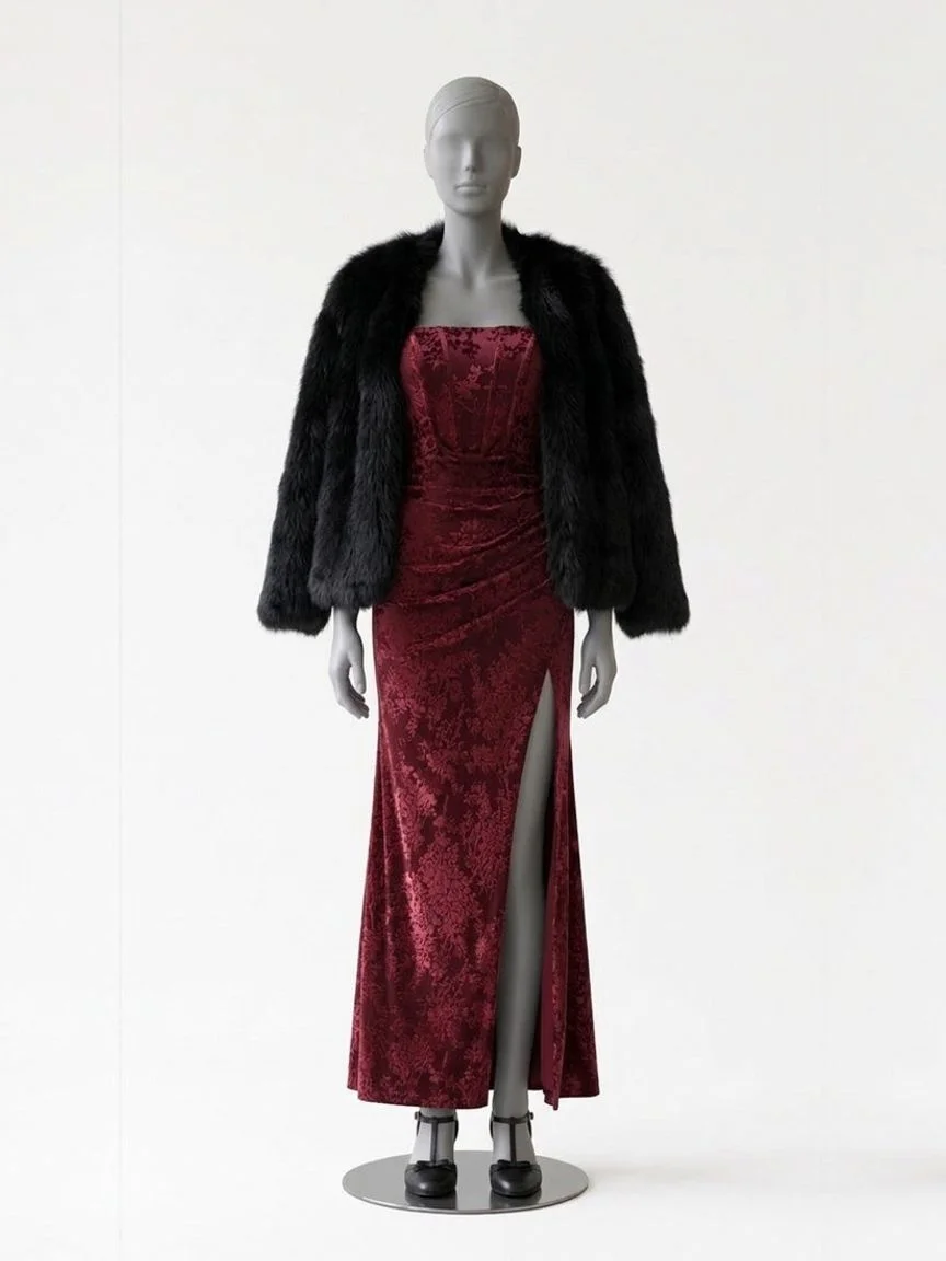 AI try-on render of the Zapaka burgundy strapless burnout velvet gown under a black faux fur jacket with black T-strap heels on our size 8 mannequin