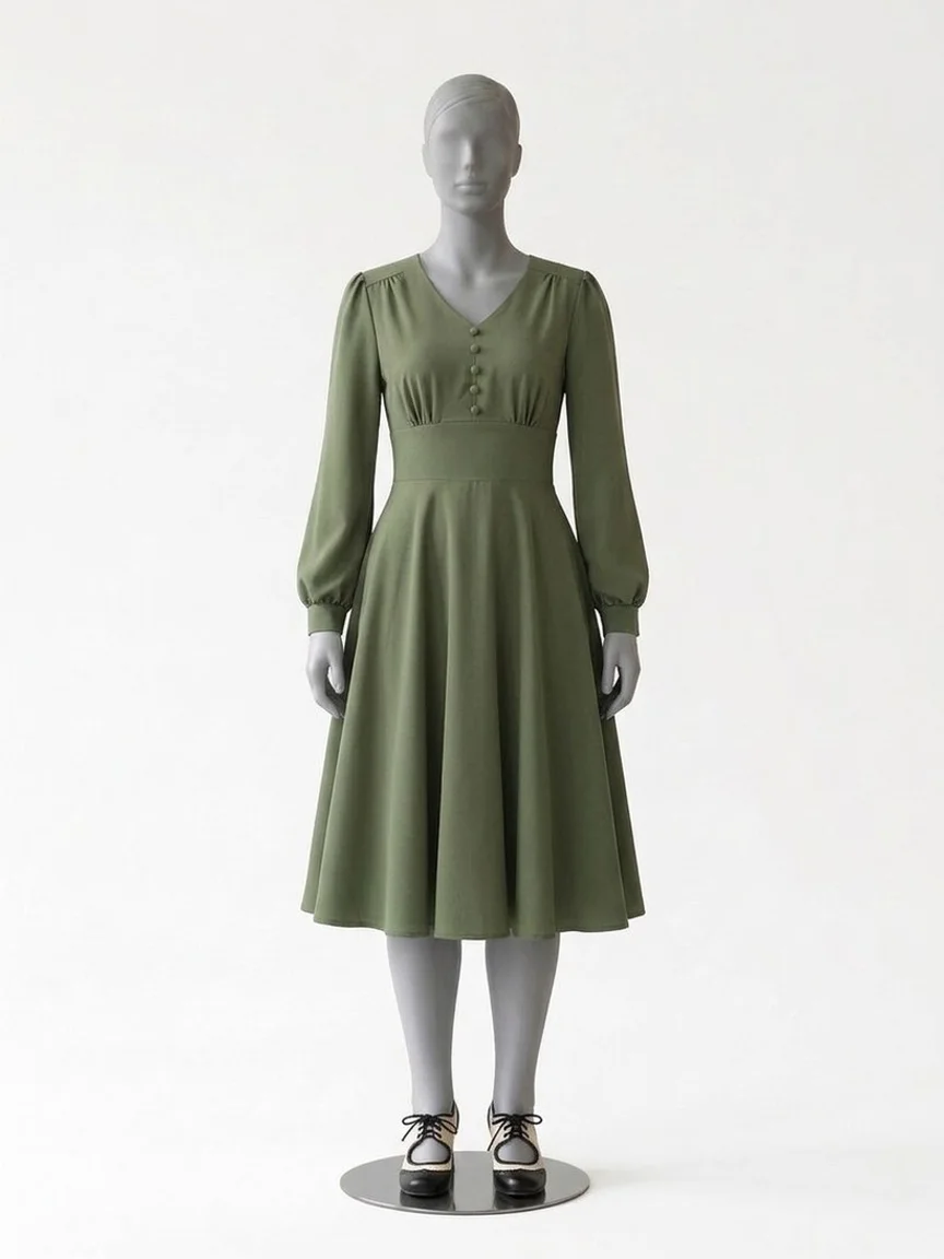 AI try-on render of the same Zapaka sage green swing dress and brogue heels on our size 12 mannequin