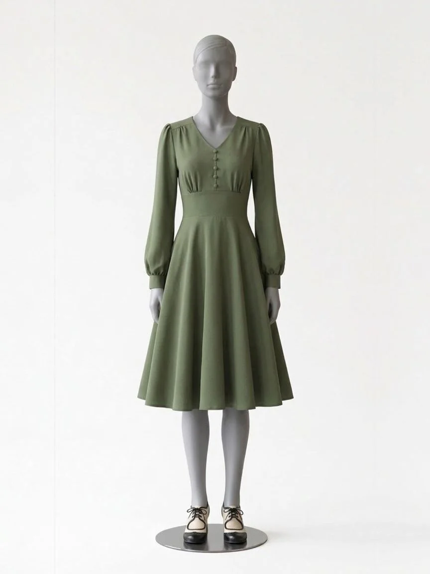 AI try-on render of the Zapaka sage green long-sleeve swing dress with black and cream brogue heels on our size 8 mannequin