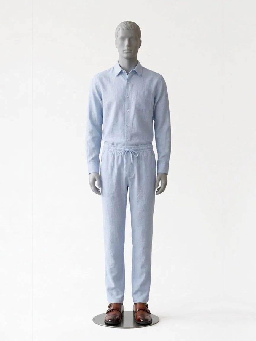 AI try-on render of the Zapaka light blue linen shirt and trousers with brown monk-strap shoes on our men's mannequin
