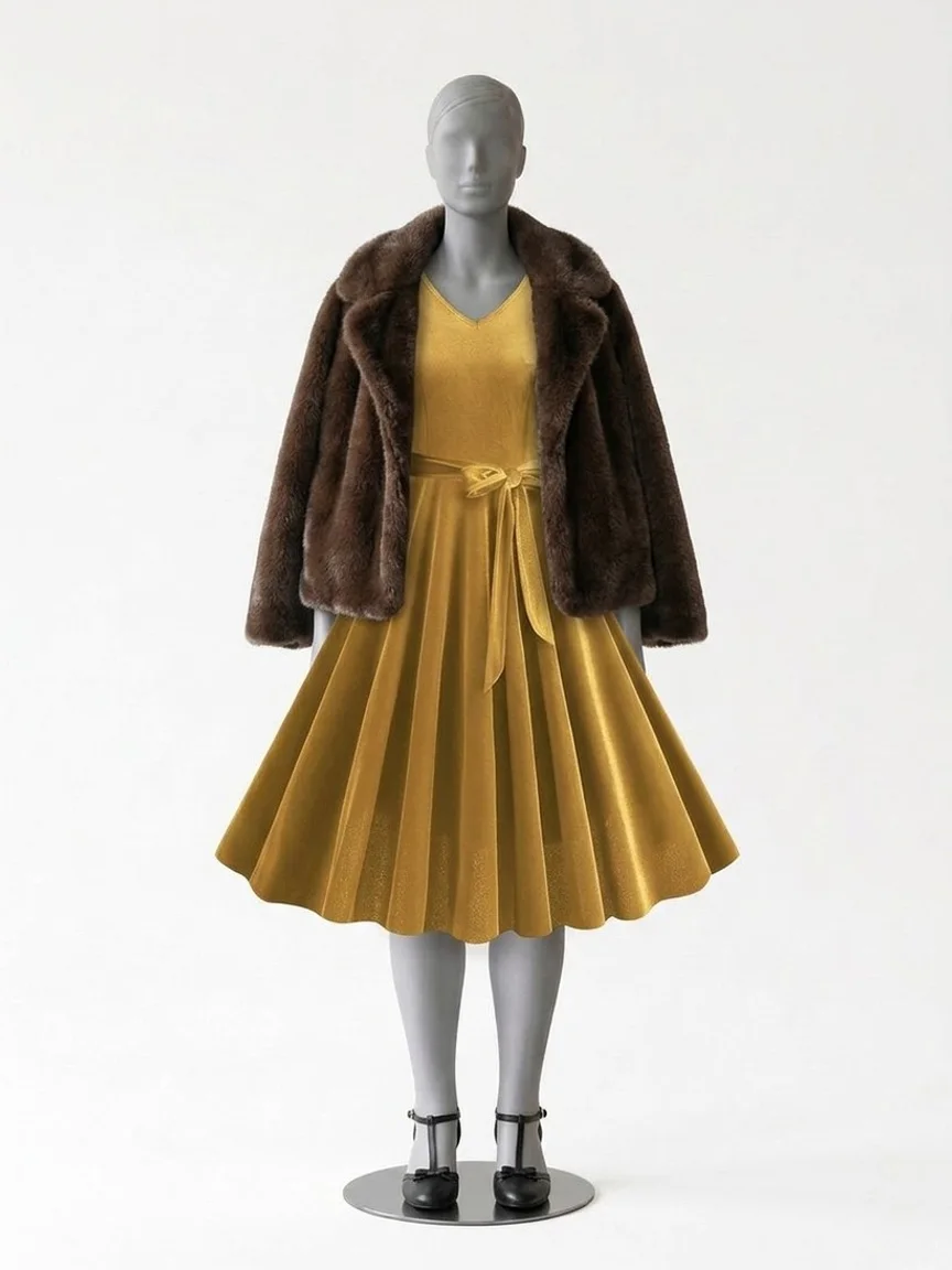 AI try-on render of the Zapaka mustard long-sleeve 1950s dress under a short brown faux fur coat with black T-strap heels on our size 12 mannequin