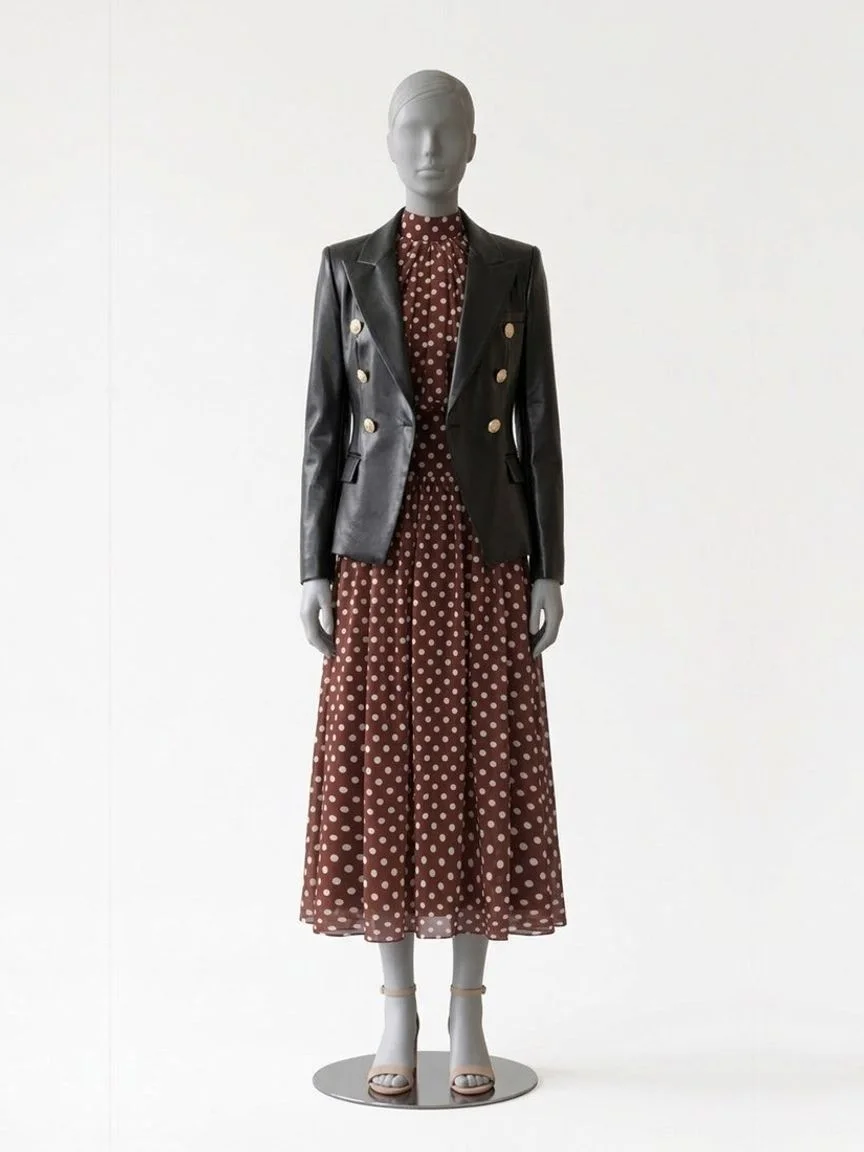 AI try-on render of the Zapaka coffee polka dot halter midi dress under a black faux leather blazer with nude block-heel sandals on our size 8 mannequin
