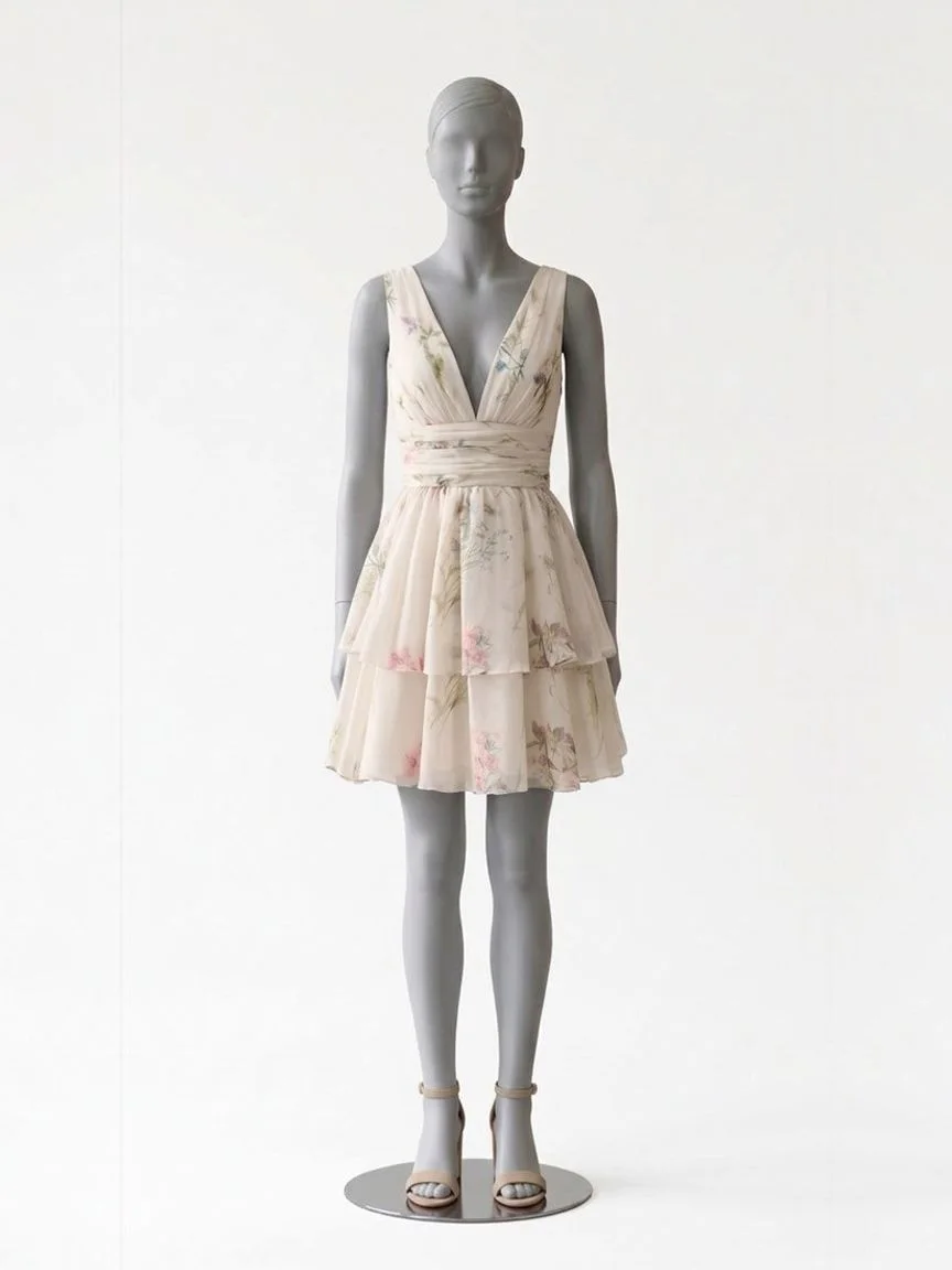 AI try-on render of the Zapaka ivory floral tiered mini dress with nude sandals on our size 8 mannequin