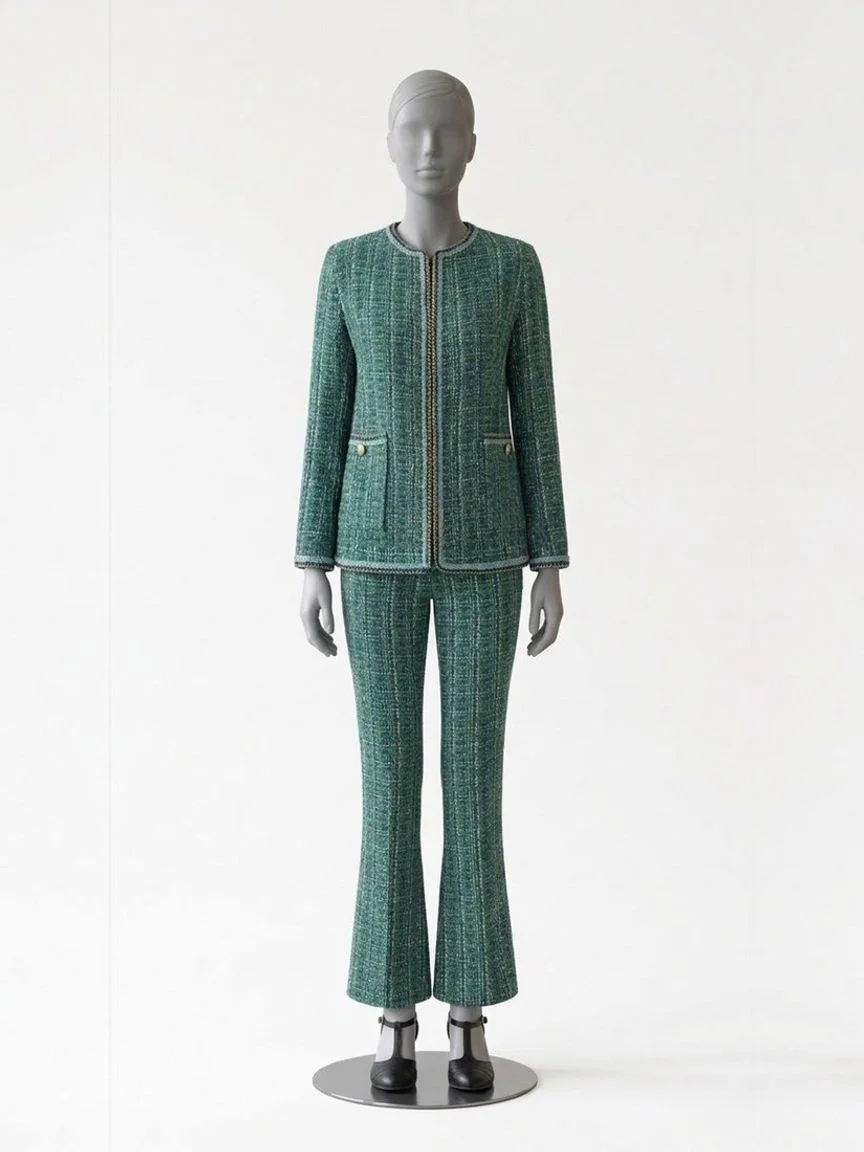 AI try-on render of the Zapaka dark green tweed jacket and trousers with black T-strap heels on our size 8 mannequin