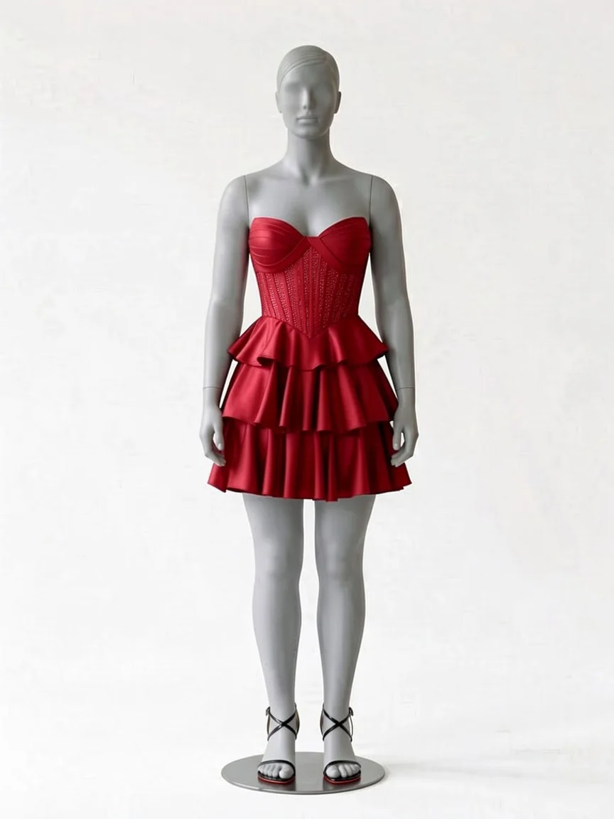 AI try-on render of the Zapaka burgundy strapless tiered satin mini dress with black strappy sandals on our size 12 mannequin