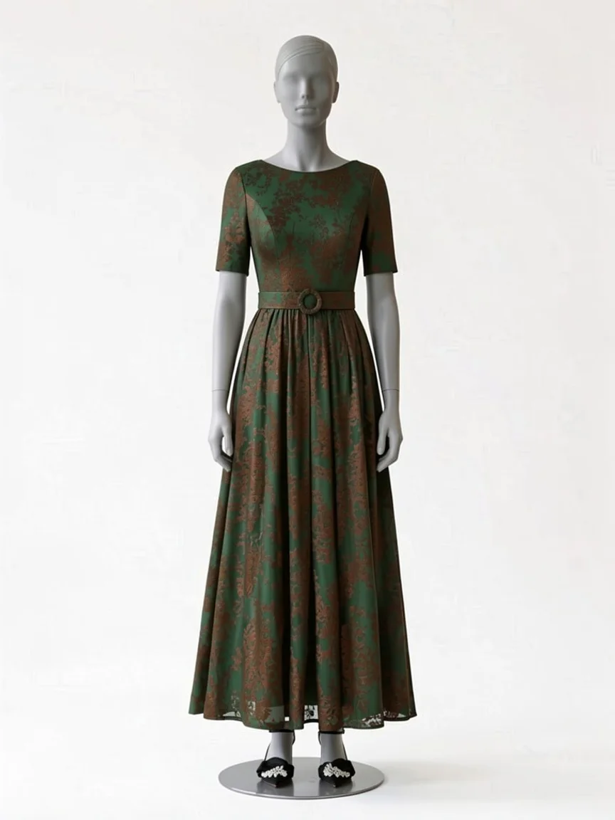 AI try-on render of the Zapaka dark green floral velvet dress with half sleeves and black bow heels on our size 8 mannequin