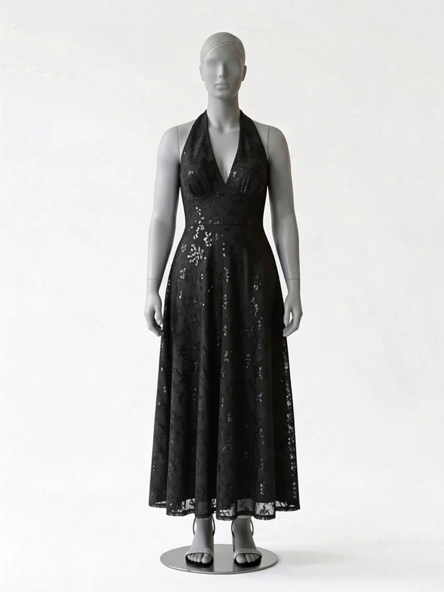 AI try-on render of the same Zapaka black sequin lace halter dress and rhinestone sandals on our size 12 mannequin