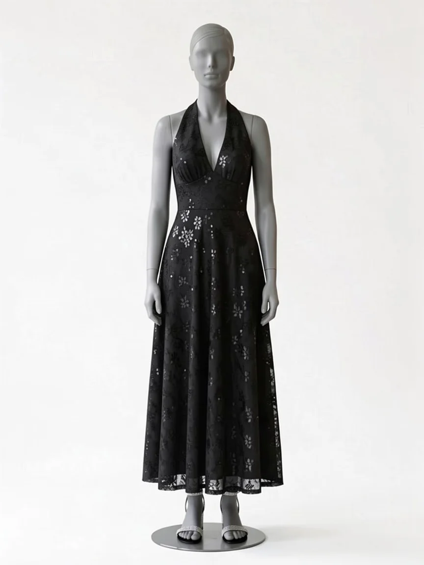 AI try-on render of the Zapaka black sequin lace halter dress with rhinestone-strap sandals on our size 8 mannequin