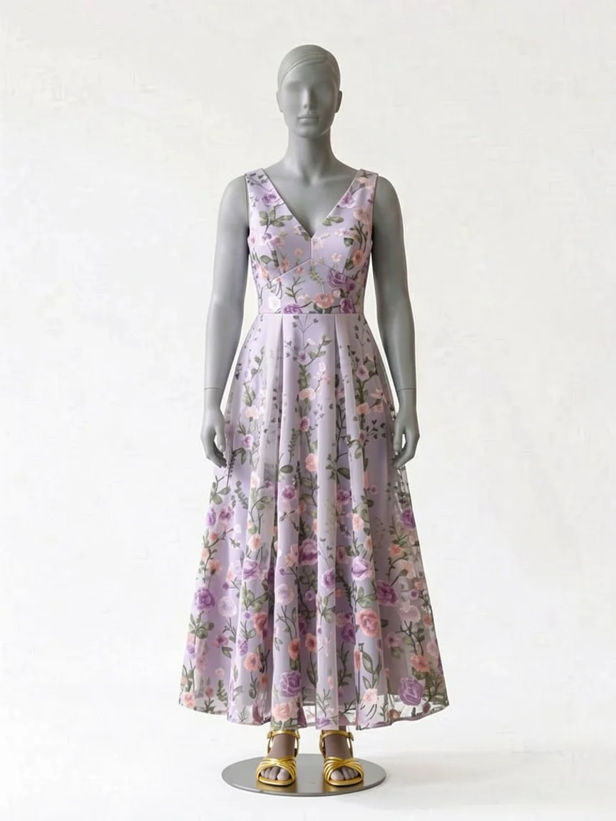 AI try-on render of the Zapaka lilac embroidered tulle midi with gold low-heel sandals on our size 12 mannequin