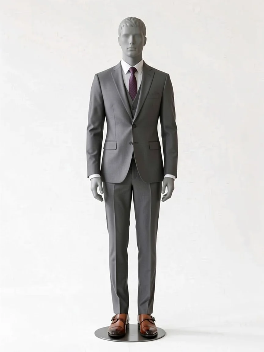 AI try-on render of the Zapaka dark grey suit with a tie and brown monk-strap shoes on our men's mannequin