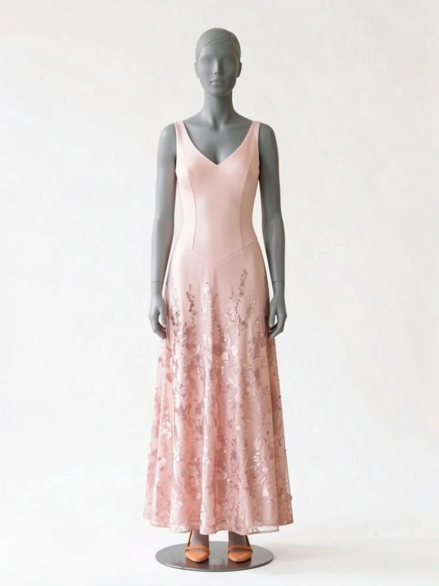 AI try-on render of the Zapaka pink satin V-neck midi with sequin flowers and apricot sandals on our size 8 mannequin