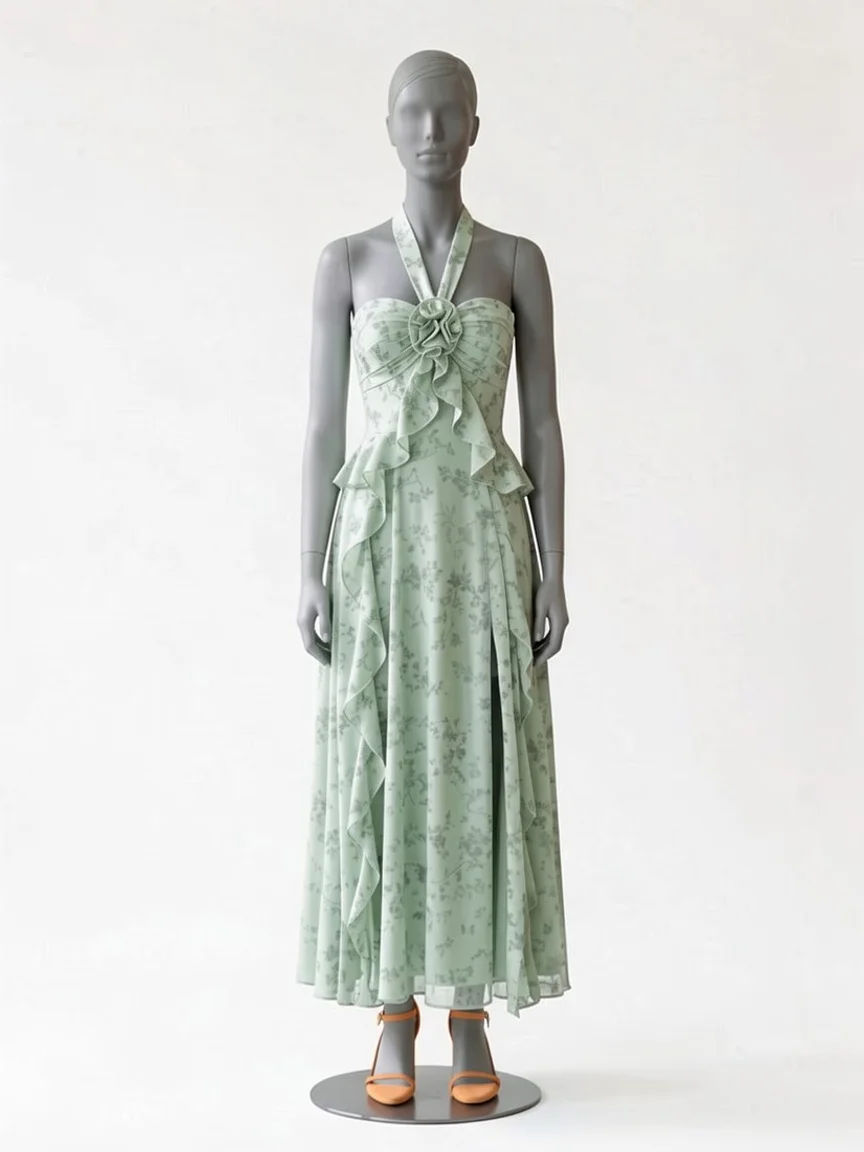 AI try-on render of the Zapaka sage floral chiffon halter midi with a slit and apricot sandals on our size 8 mannequin