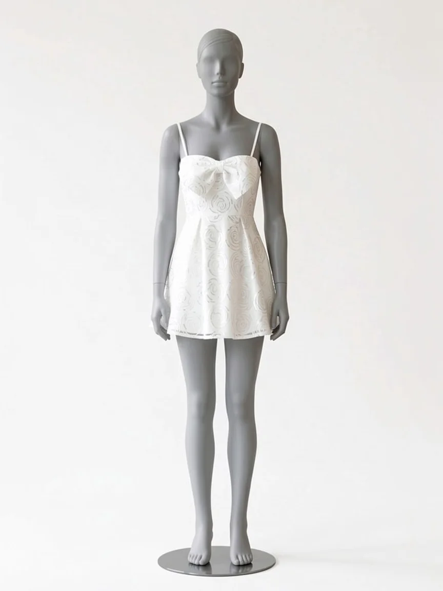 AI try-on render of the Zapaka white short cocktail dress with a bow on our size 8 mannequin