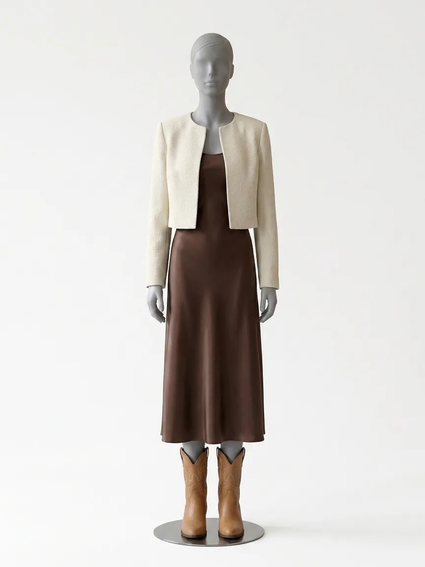 AI render of a chocolate satin midi dress with brown western boots on our size 8 mannequin
