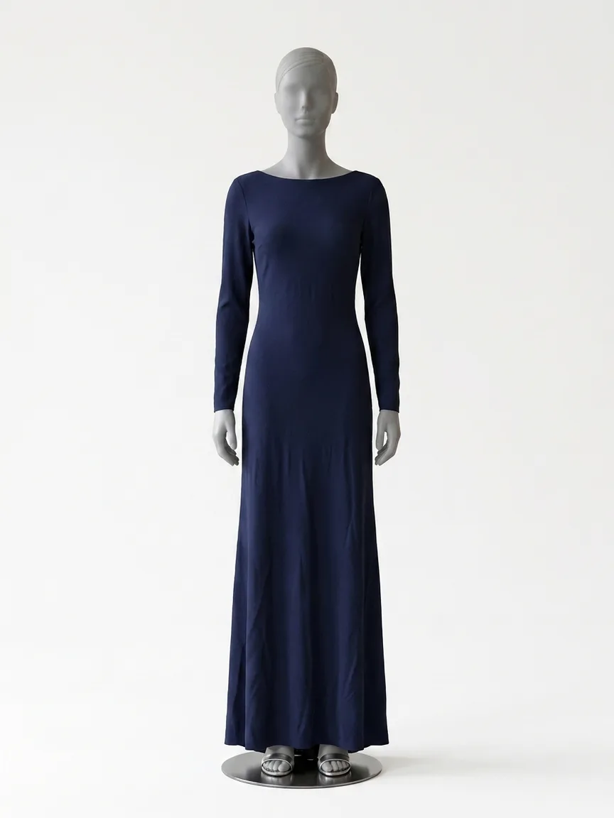 AI render of a navy floor-length column gown with long sleeves on our size 8 mannequin