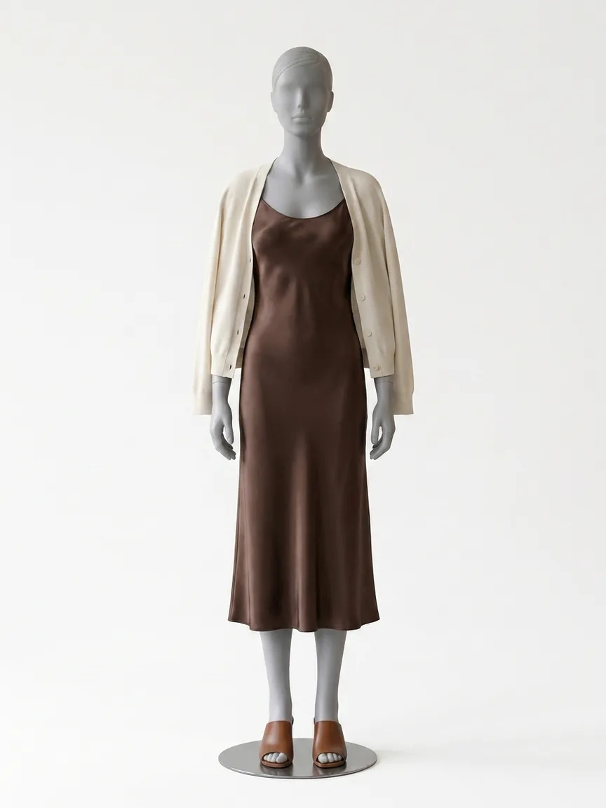 AI render of a chocolate brown satin slip dress with a cream knit cardigan on our size 8 mannequin