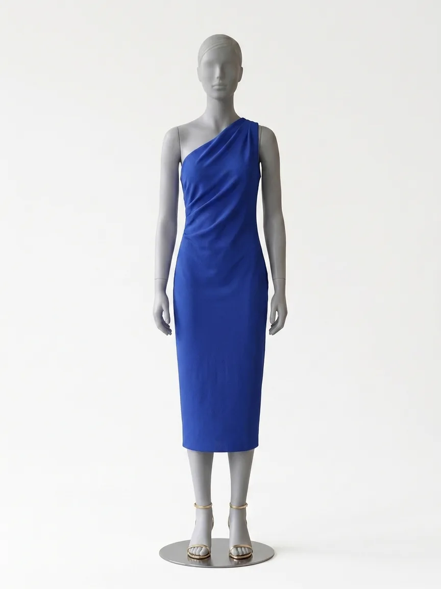 AI render of a cobalt blue crepe midi dress with a draped neckline on our size 8 mannequin