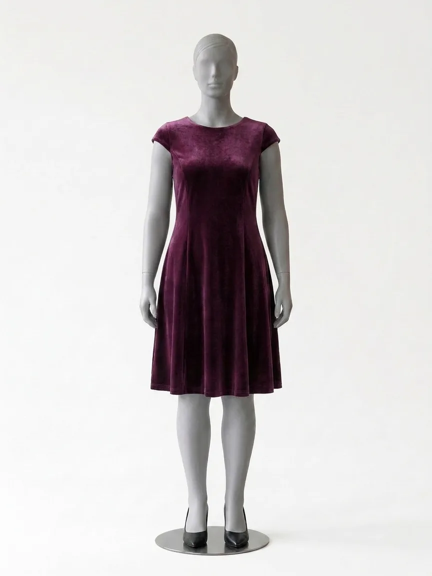 AI render of a plum velvet knee-length dress with cap sleeves on our size 12 mannequin