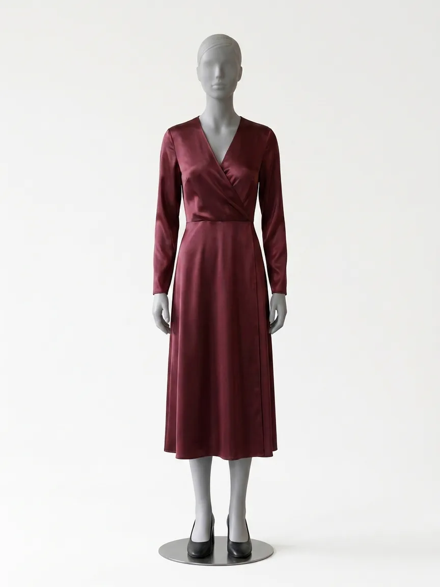 AI render of the same burgundy satin midi dress on our size 8 mannequin