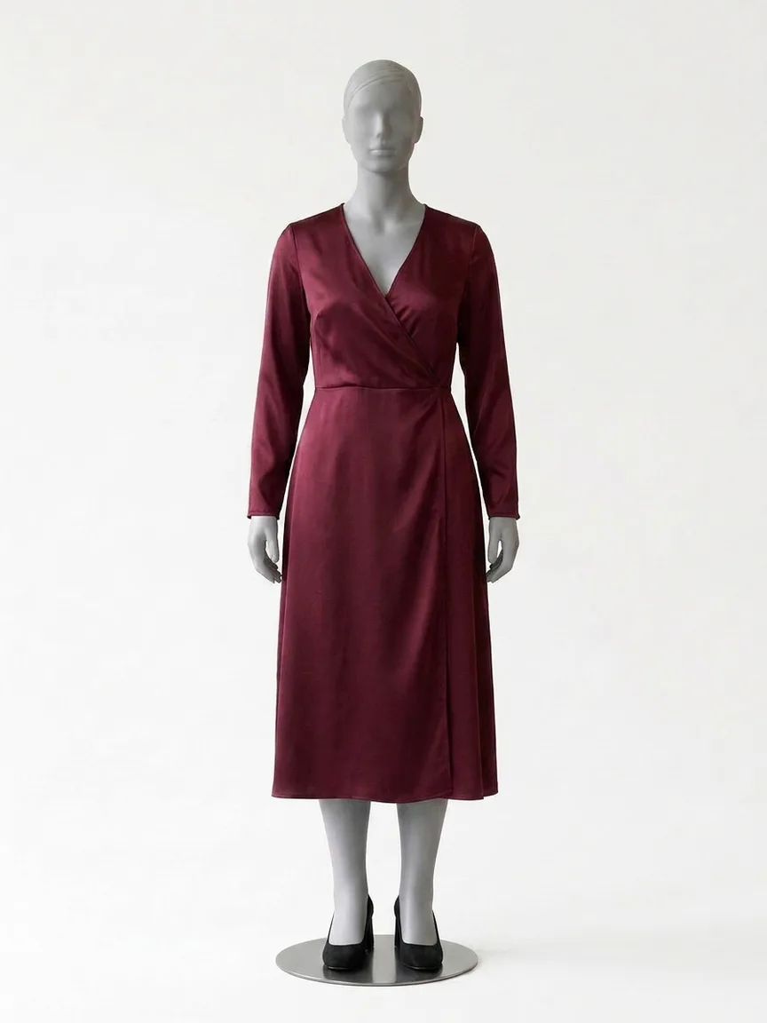 AI render of a burgundy long-sleeve satin midi dress on our size 12 mannequin