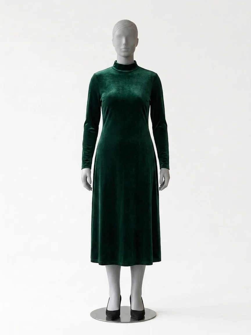AI render of a deep green velvet midi dress with long sleeves on our size 12 mannequin