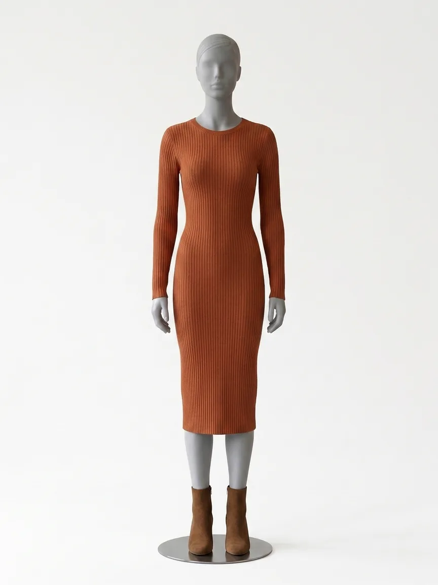 AI render of a burnt orange long-sleeve knit midi dress with suede ankle boots on our size 8 mannequin