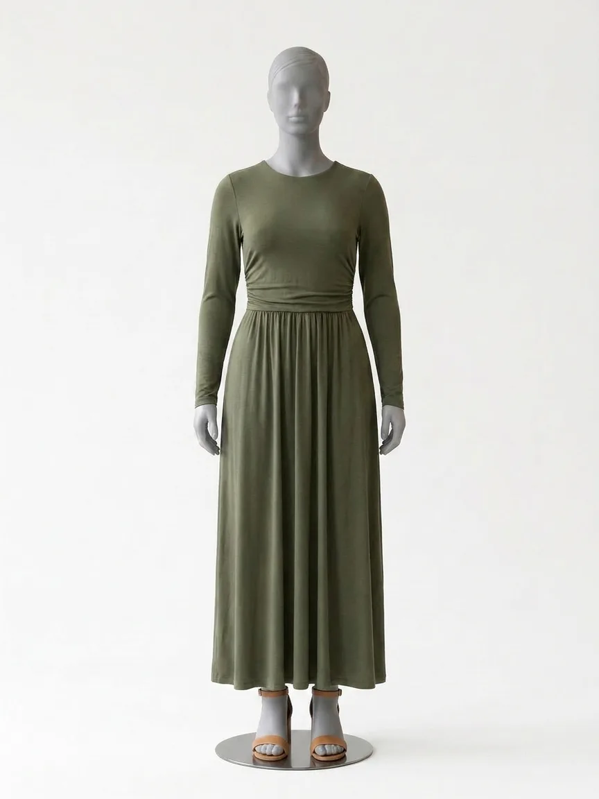 AI render of an olive long-sleeve jersey maxi dress on our size 12 mannequin