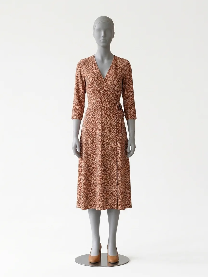 AI render of a rust floral wrap midi dress on our size 8 mannequin