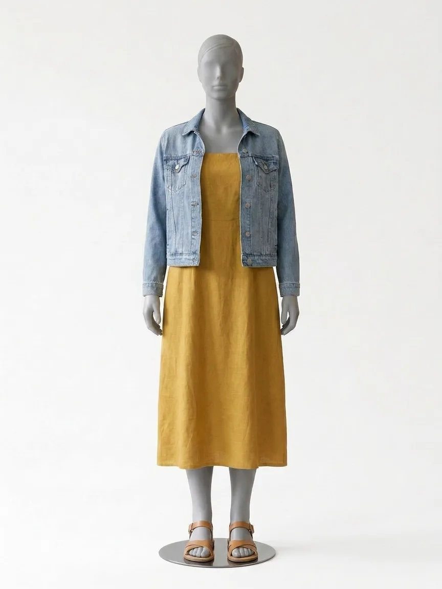 AI render of a mustard yellow linen midi sundress with a denim jacket on our size 12 mannequin