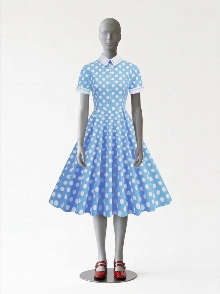 AI try-on render of the Zapaka light blue polka dot shirt dress with red Mary Jane heels on our size 8 mannequin
