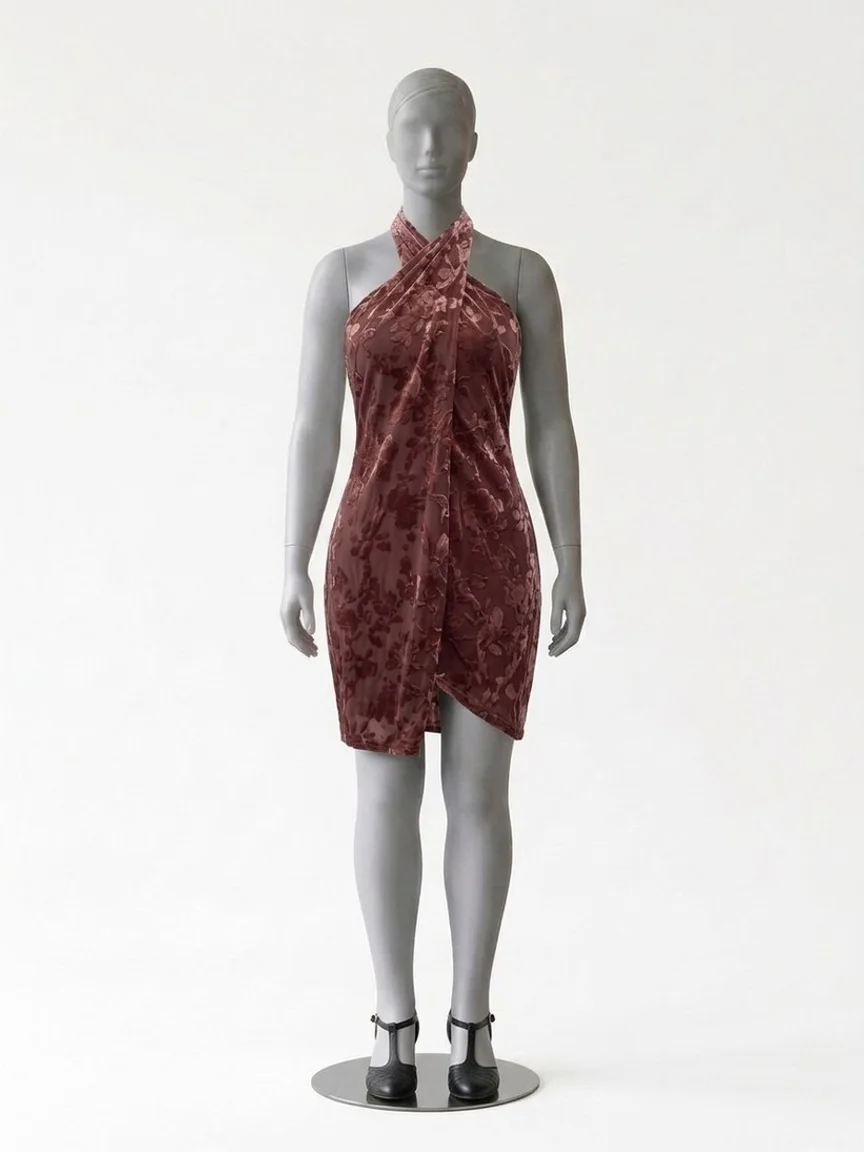 AI try-on render of the Zapaka copper burnout velvet halter mini dress with black T-strap heels on our size 12 mannequin