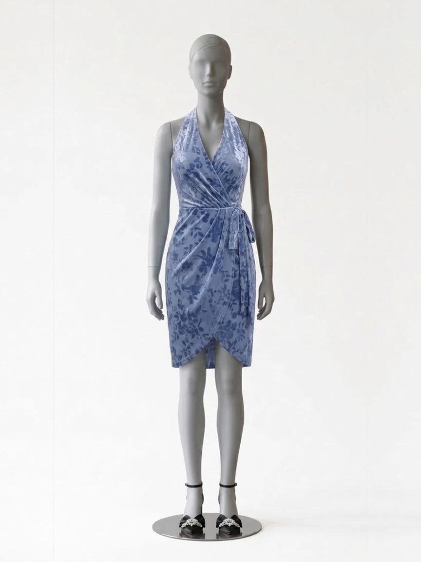 AI try-on render of the Zapaka slate blue velvet halter wrap dress with black satin bow heels on our size 8 mannequin
