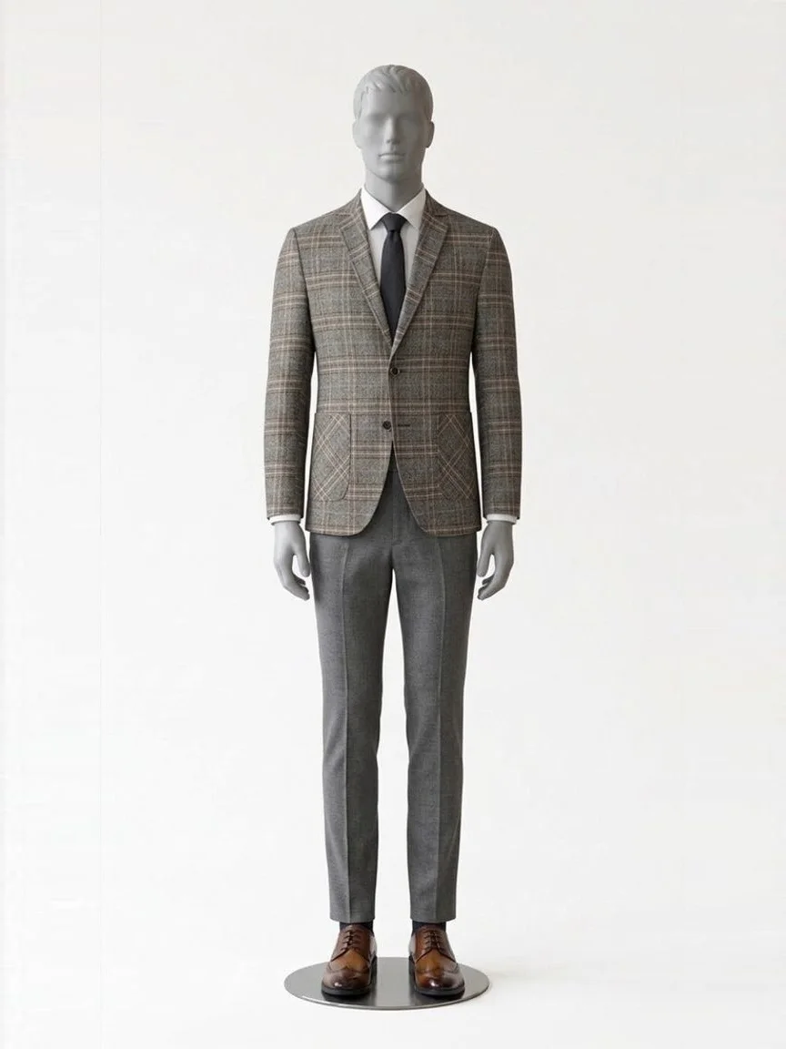 AI try-on render of the Zapaka coffee plaid blazer with brown wingtip shoes on our men's mannequin, with grey trousers, shirt and tie added by the try-on