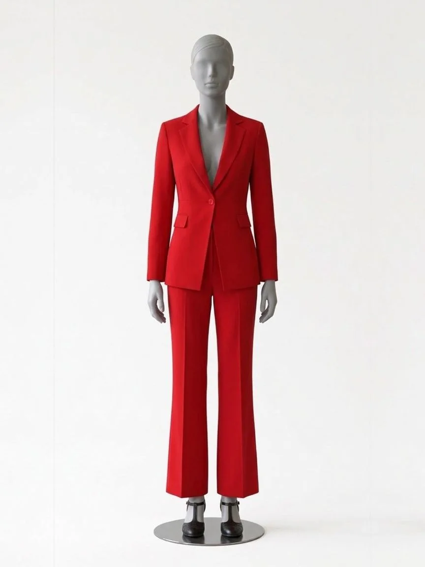 AI try-on render of the Zapaka red trouser suit with black T-strap heels on our size 8 mannequin