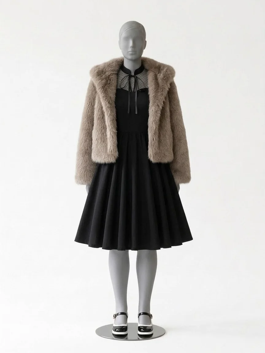 AI try-on render of the Zapaka taupe faux fur jacket over a black high-neck 1950s dress with black patent Mary Janes on our size 12 mannequin