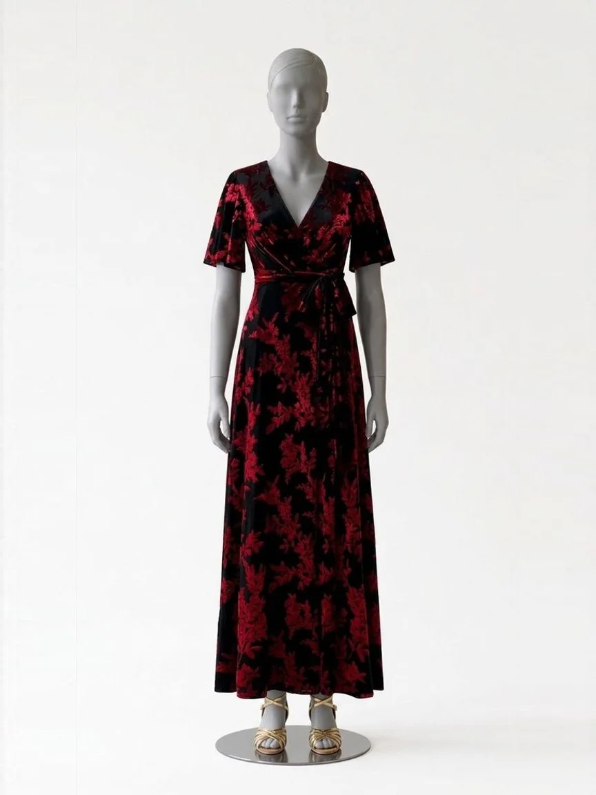 AI try-on render of the Zapaka burgundy burnout velvet wrap-style maxi dress and gold sandals on our size 8 mannequin