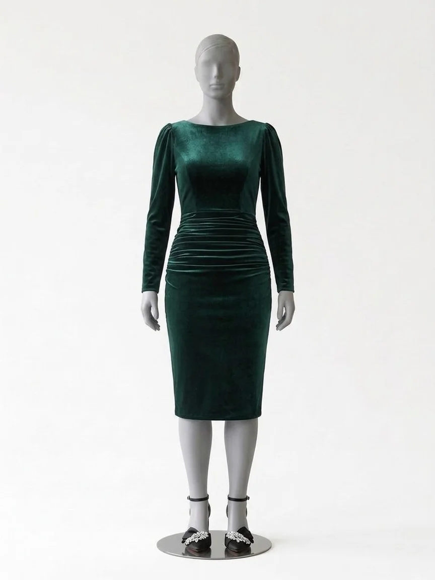 AI try-on render of the same Zapaka dark green velvet sheath dress and black satin bow pumps on our size 12 mannequin