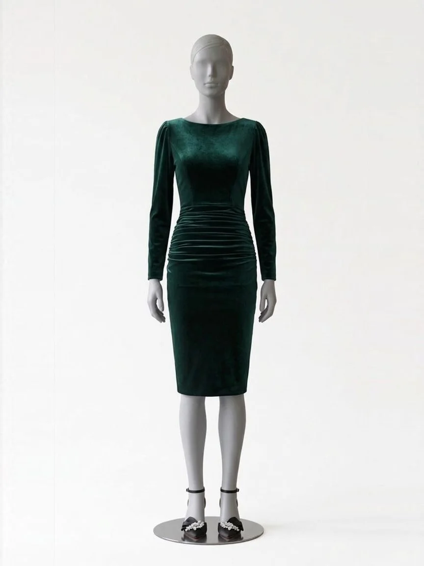 AI try-on render of the Zapaka dark green velvet sheath dress with long sleeves and black satin bow pumps on our size 8 mannequin