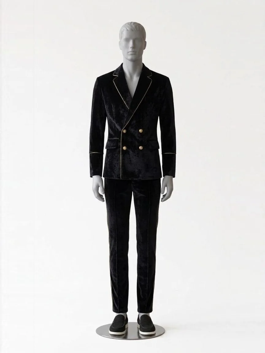 AI try-on render of the Zapaka black velvet double-breasted suit and black slip-on shoes on our men's mannequin