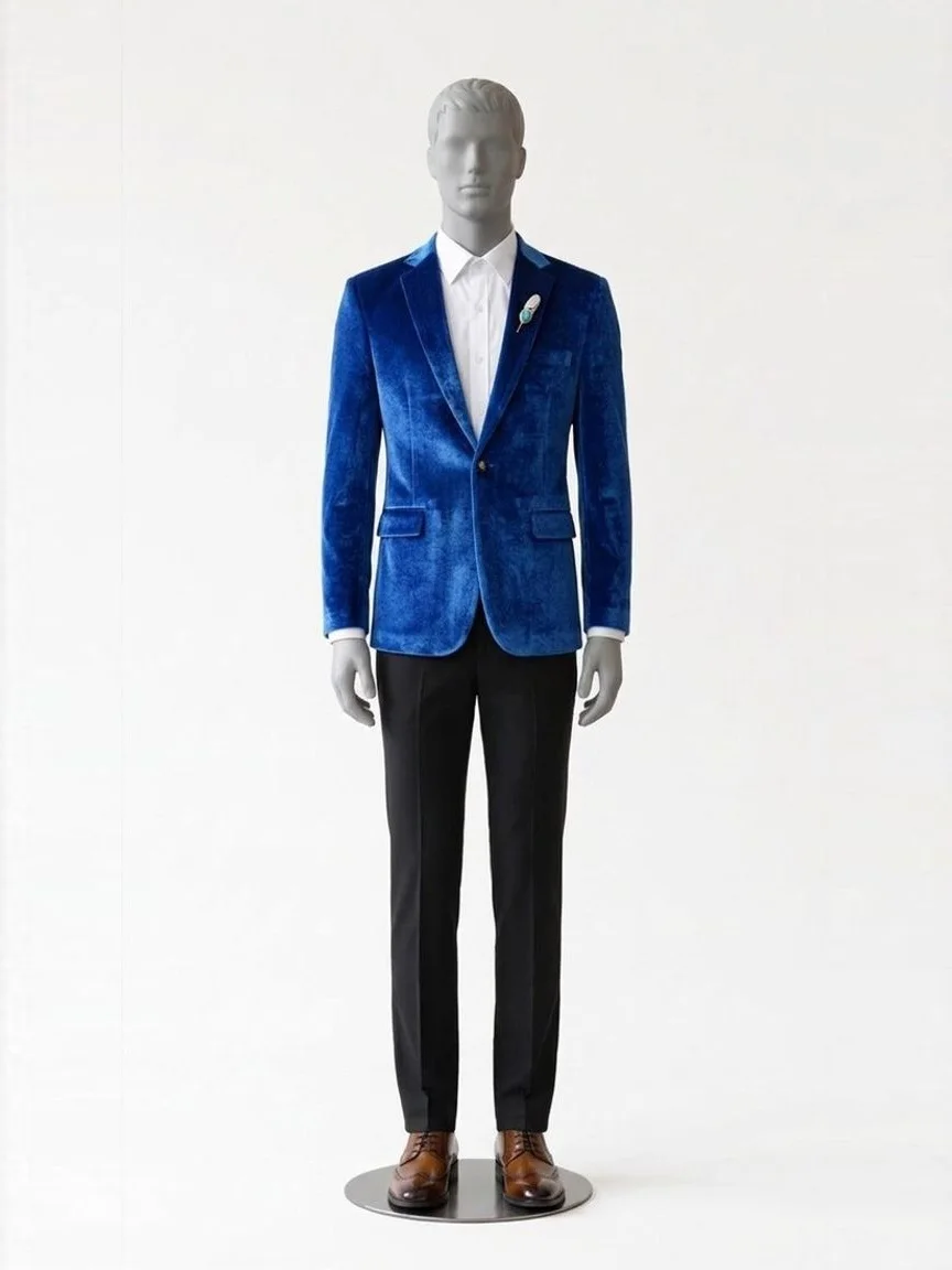 AI try-on render of the Zapaka royal blue velvet suit jacket with a feather lapel pin, black trousers and brown wingtip shoes on our men's mannequin