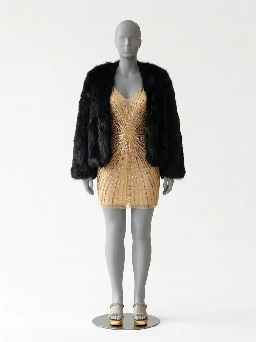AI try-on render of the Zapaka gold sequin mini dress under a black faux fur coat with gold block-heel sandals on our size 12 mannequin
