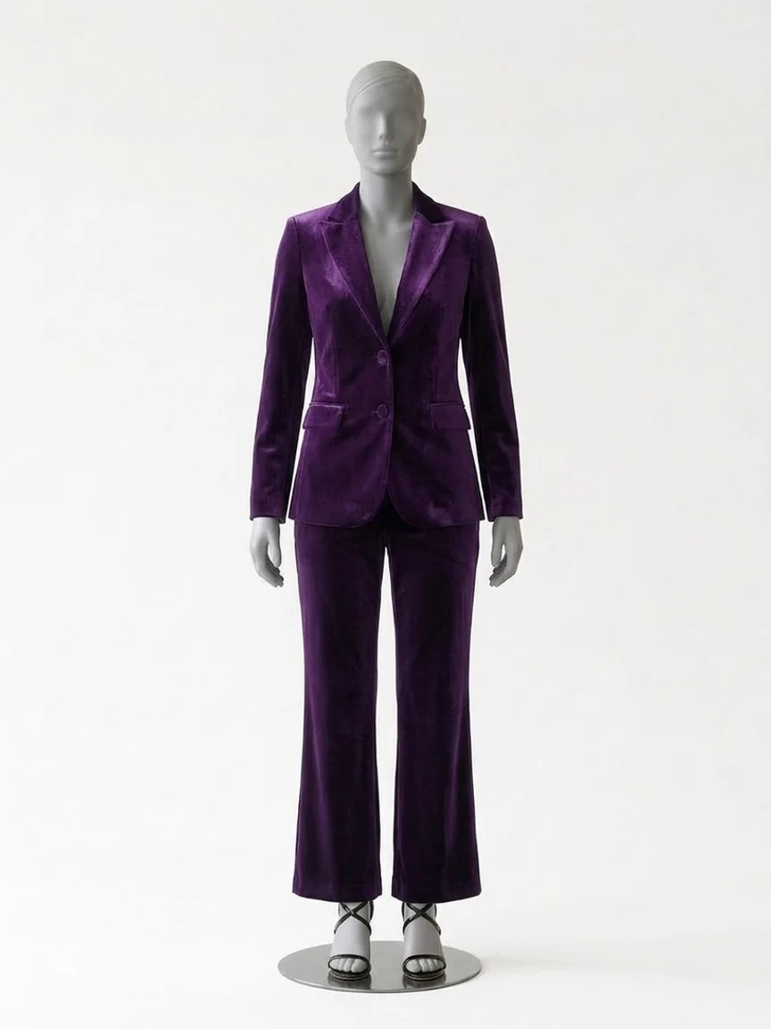 AI try-on render of the Zapaka plum velvet pantsuit and black strappy heeled sandals on our size 12 mannequin