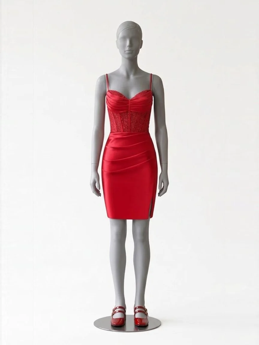 AI try-on render of the Zapaka red satin corset mini dress with a slit and red Mary Jane heels on our size 8 mannequin